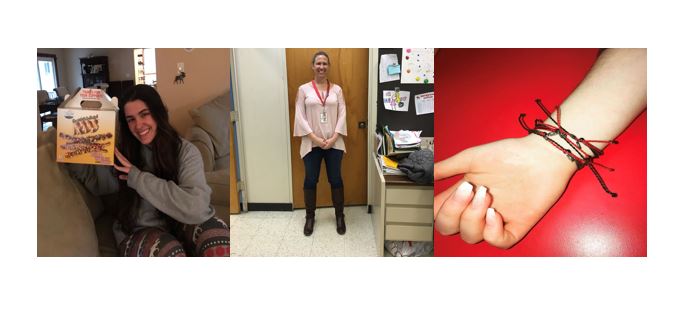 Maifatto, picture on left, ran the community service project which involved planning the events to raise money along with marketing for them. Pictured: Ms. Ozdemir wearing jeans to support the cause (middle) and the popular Pura Vida bracelets (right).