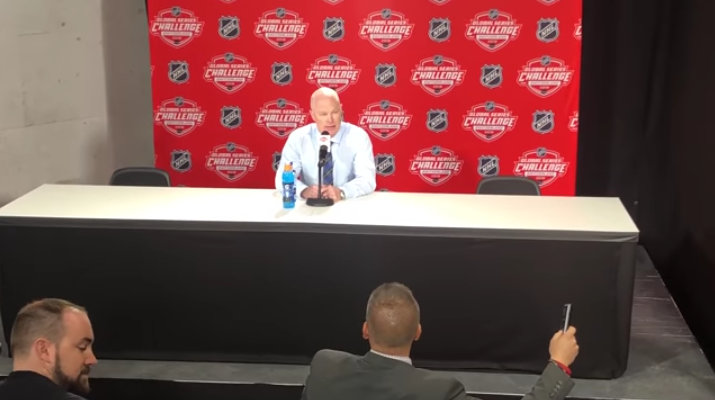 The New Jersey Devils former coach John Hynes answering journalists questions after a game.