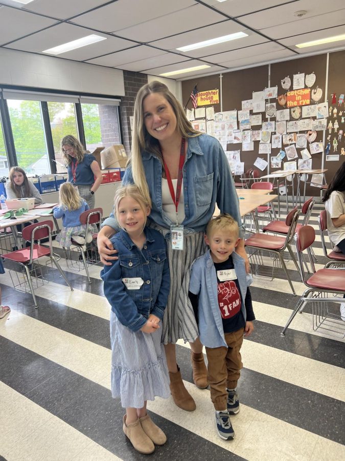 Journalism teacher, Ms. Kali Spoelstra, with her two future writers, Everly and Ryder.
