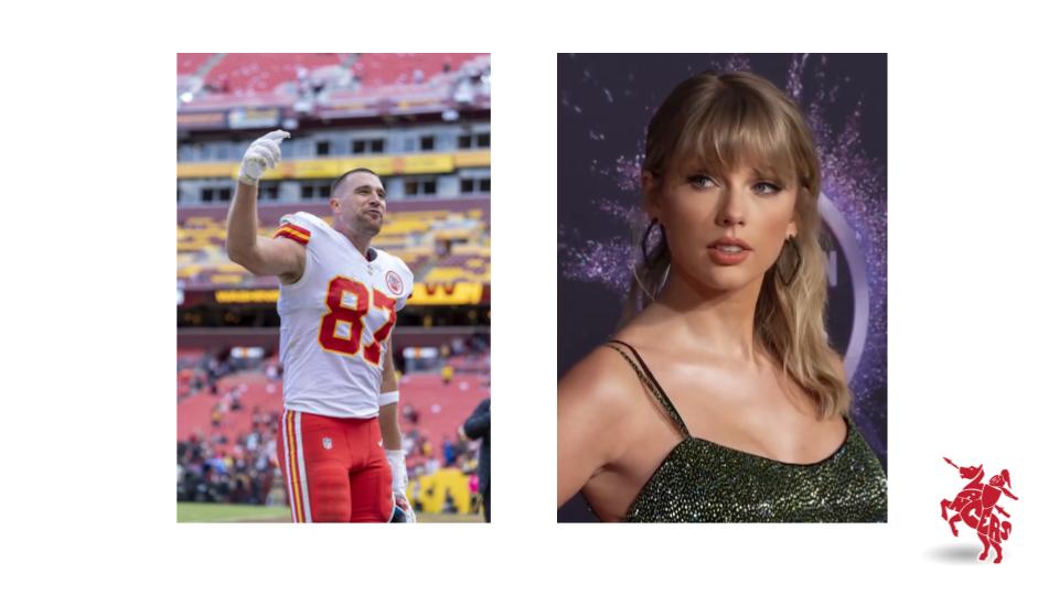 Chiefs Travis Kelce and Taylor Swift romance has been confirmed, and the journey has been a fun one. 

(Travis Kelce by All-Pro Reels (CC BY-SA 2.0); 191125 Taylor Swift at the 2019 American Music Awards (cropped) by Cosmopolitan UK (CC BY 3.0)
