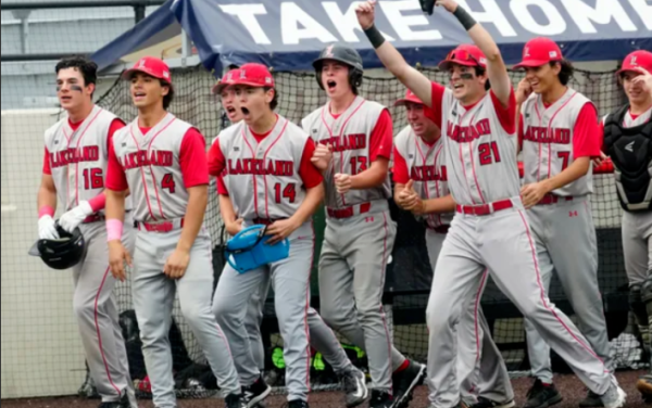 The Lakeland baseball team reacts to Mickey Gilligans first inning two-run home run in the first inning of the Passaic county final.