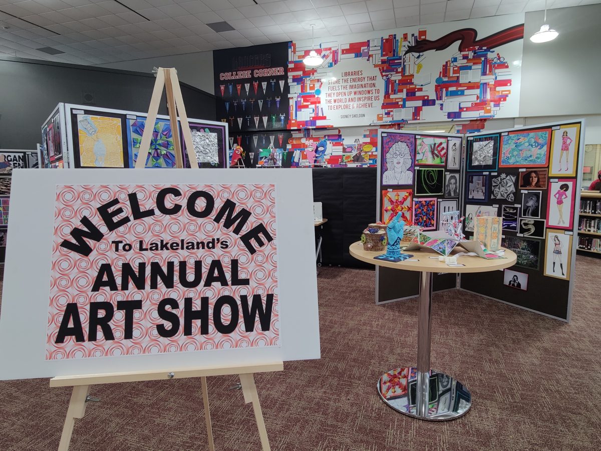 A bright and colorful welcome to the LRHS Art Show in the Media Center.