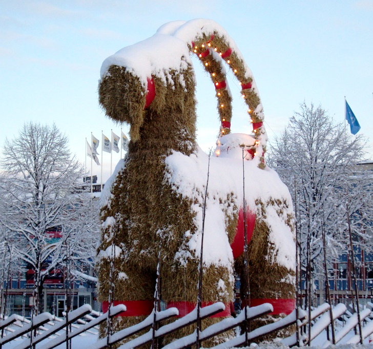 Photo of one such a "Yule Goat" in Gefle, Sweden.

"Yule goat Gefle Sweden 2009 crop" by Tony Nordin (CC BY-SA 3.0)