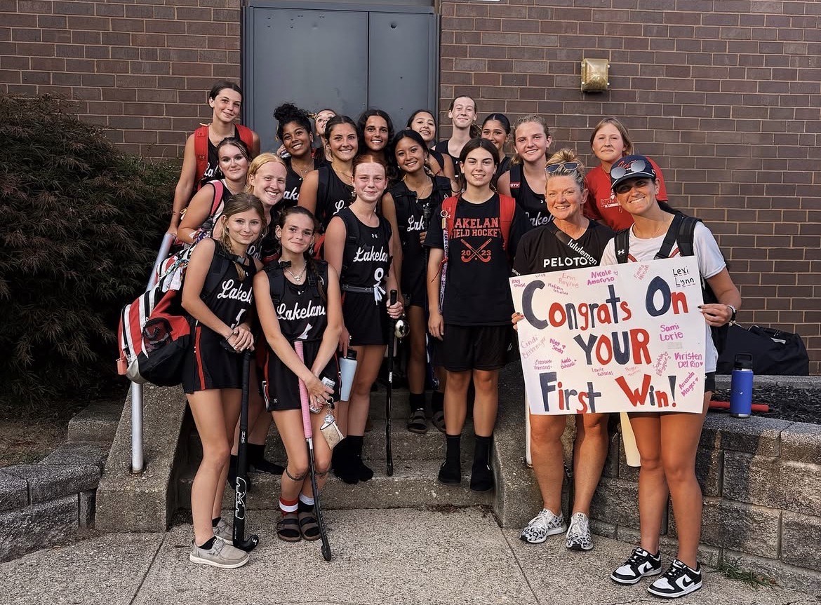 The LLFH team gathering for a picture with their coaches post-game to celebrate their first win of the season.
Photo courtesy of LRHS