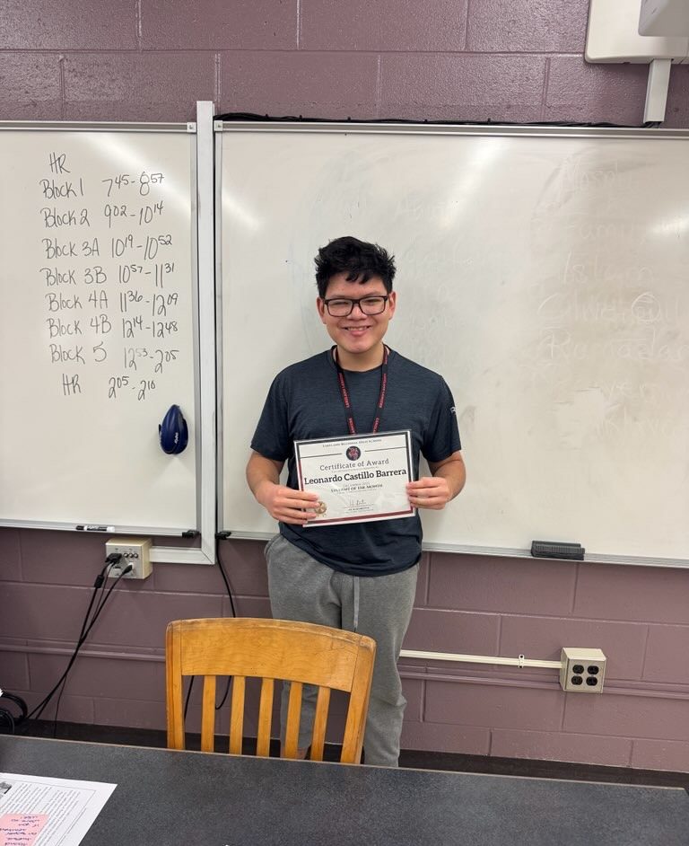 Leo Castillo Barrera humbly accepts his award as Student of the Month for December. 